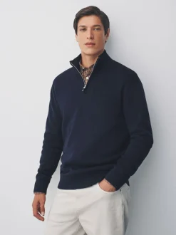 Bleu marine - Uni - Pull N.Premium Coupe classique 100% Coton Premium à fermeture éclair