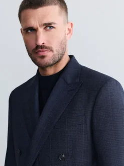 Bleu marine - Veste de costume à carreaux Signature Marzotto 100% en laine italienne à double boutonnage