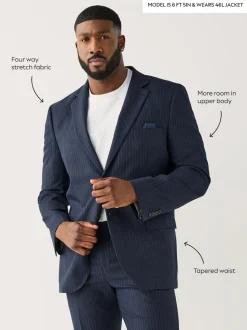 Bleu marine - Veste de costume extensible à rayures ajustée aux muscles Motionflex