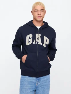 Bleu marine - Zippé sur toute la longueur - Sweat à capuche doublé en polaire avec logo Gap