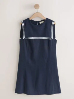 Bleu marine avec bascules écrues - Robe courte à col marin en lin