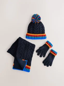 Bleu marine avec côte arc-en-ciel - Ensemble chapeau, écharpe et gants 3 pièces (3-16ans)