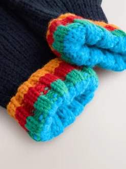 Bleu marine avec côte arc-en-ciel - Ensemble chapeau, écharpe et gants 3 pièces (3-16ans)