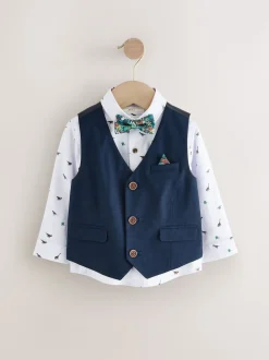 Bleu marine dinosaure - Ensemble gilet avec chemise et cravate Nœud (3mths-7yrs)