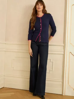 Bleu marine et rose festonné - Cardigan Love & Roses en maille