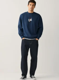 Bleu marine lavé - Sweat Imprimé Col ras du cou graphique