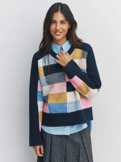 Bleu marine multicolore patché - Pull en maille à col rond en laine