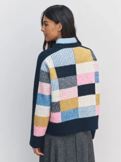 Bleu marine multicolore patché - Pull en maille à col rond en laine