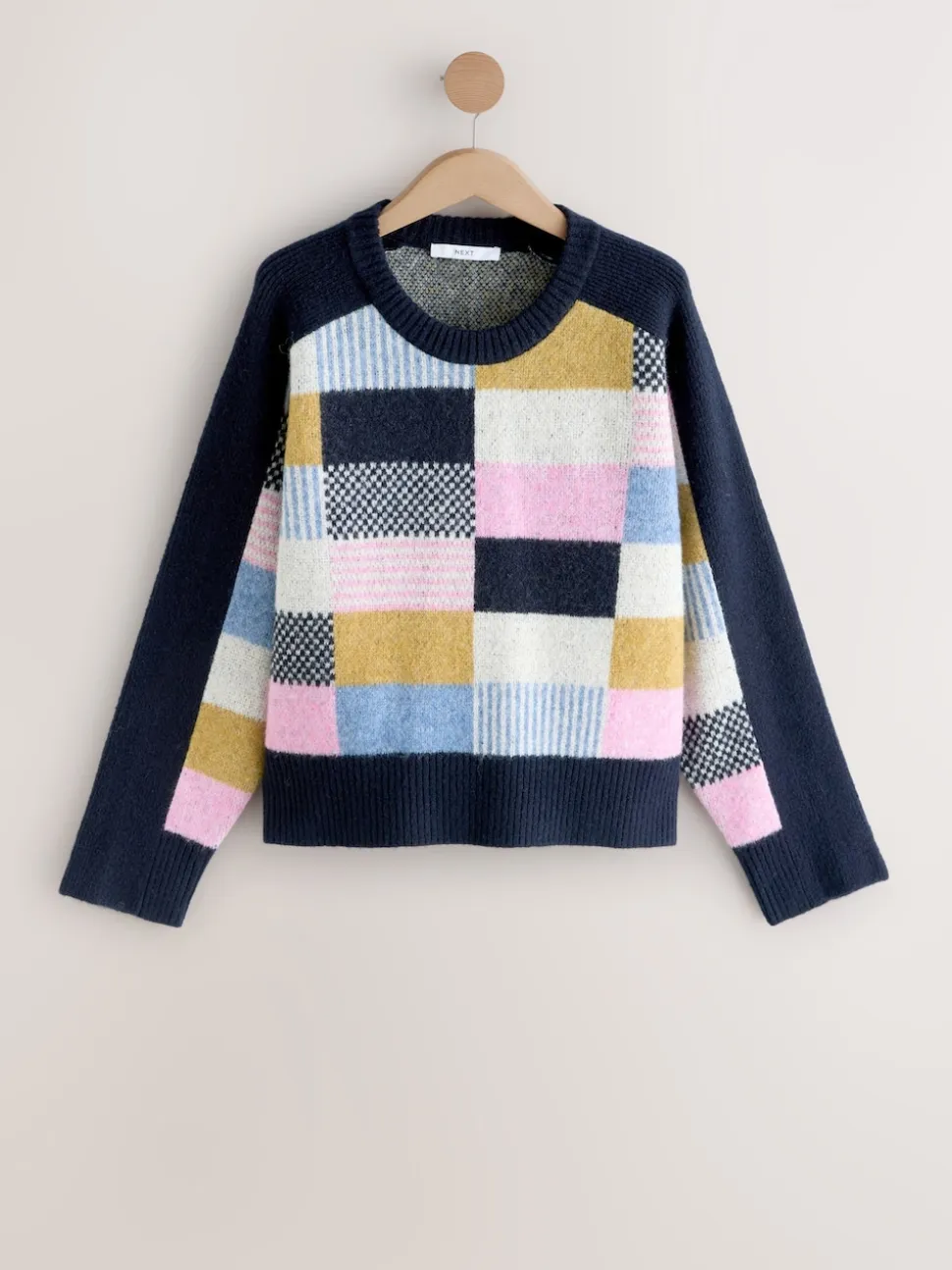 Bleu marine multicolore patché - Pull en maille à col rond en laine