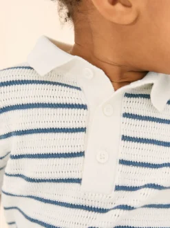 Bleu marine/blanc - Polos Col boutonné en maille 100% coton (3mois-7ans)