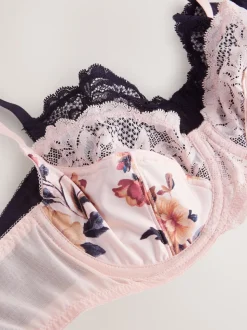 Bleu marine/Crème Fleuri - Soutien-gorge à bonnets entiers sans coussinets