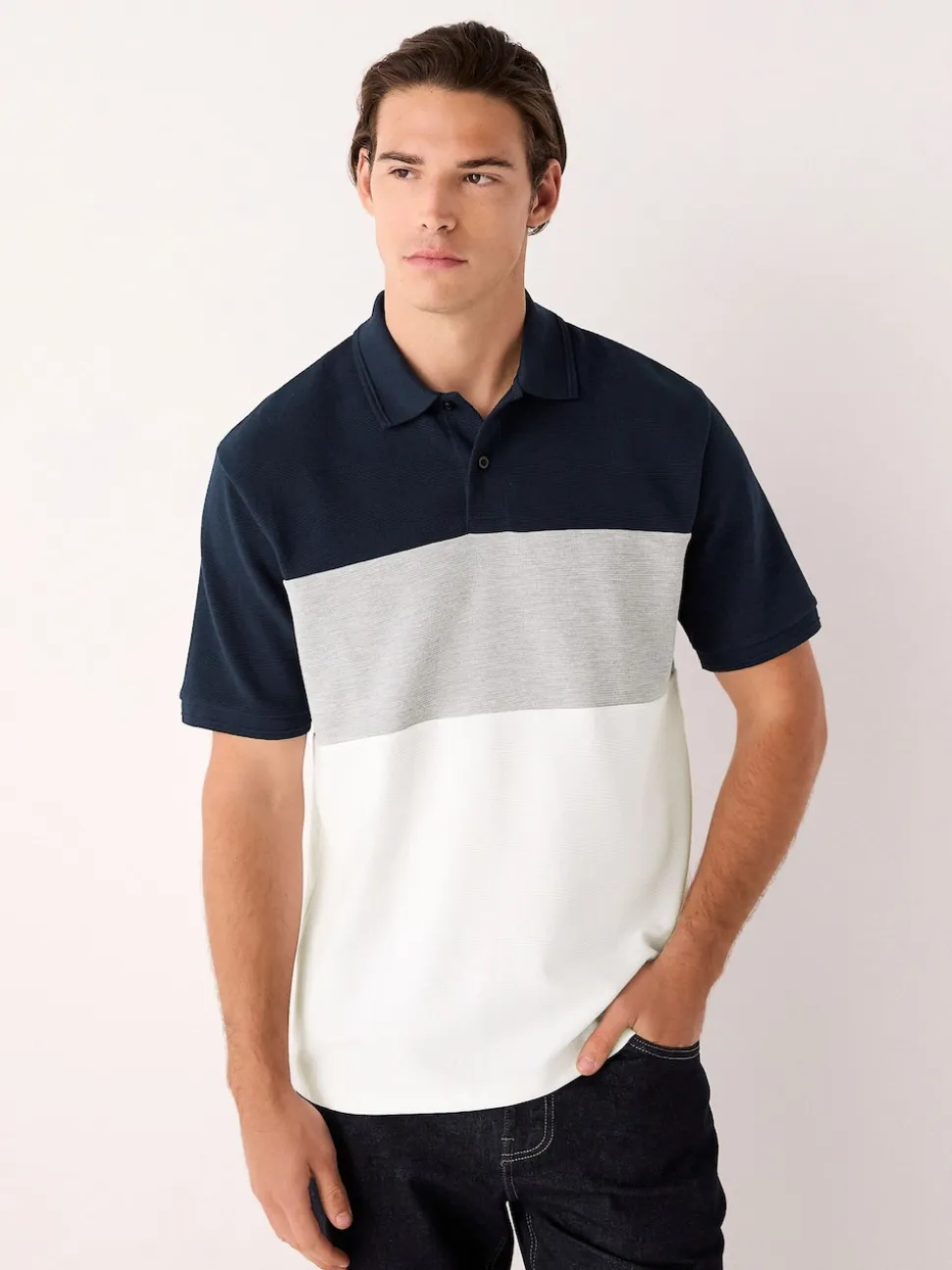 Bleu marine/gris - 100% Coton Manches courtes Polo bloc boutonné