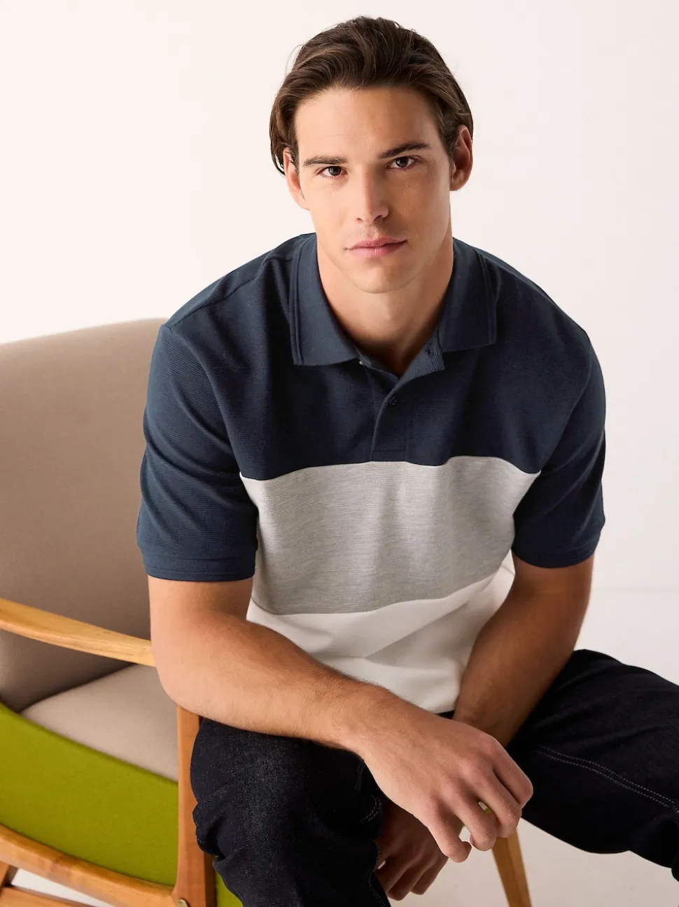 Bleu marine/gris - 100% Coton Manches courtes Polo bloc boutonné