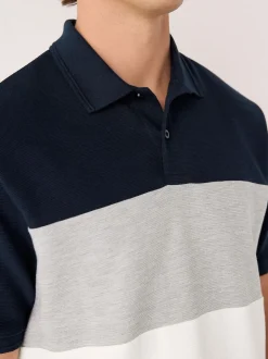 Bleu marine/gris - 100% Coton Manches courtes Polo bloc boutonné