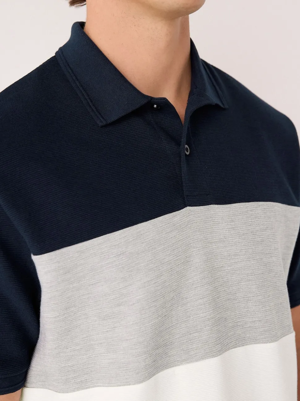 Bleu marine/gris - 100% Coton Manches courtes Polo bloc boutonné