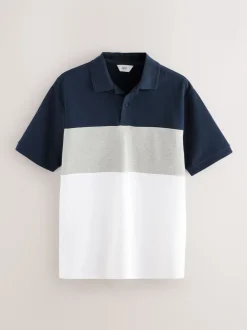 Bleu marine/gris - 100% Coton Manches courtes Polo bloc boutonné