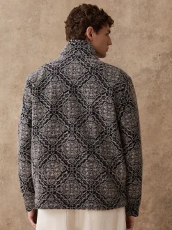 Bleu marine/gris imprimé - Polaire à col cheminée zippé