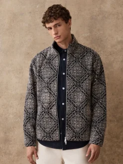 Bleu marine/gris imprimé - Polaire à col cheminée zippé