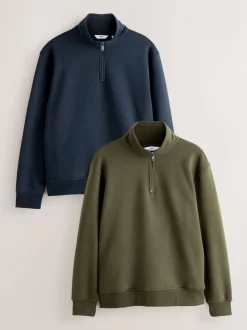 Bleu marine/vert kaki - Lot de 2 sweat-shirts à col zippé en jersey épais riche en coton