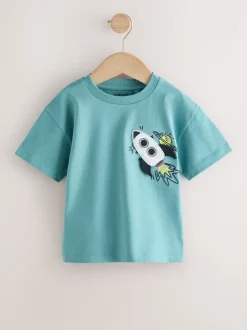 Bleu motif fusée - T-shirt interactif à manches courtes (3 mois à 7 ans)