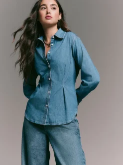 Bleu moyen - Chemise en denim ajustée à manches longues à taille cintrée