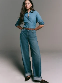 Bleu moyen - Chemise en denim ajustée à manches longues à taille cintrée