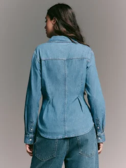 Bleu moyen - Chemise en denim ajustée à manches longues à taille cintrée