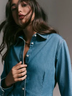 Bleu moyen - Chemise en denim ajustée à manches longues à taille cintrée