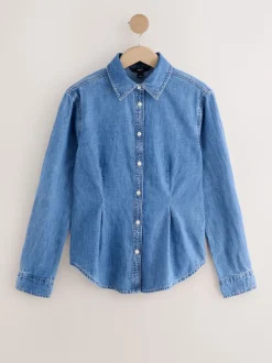 Bleu moyen - Chemise en denim ajustée à manches longues à taille cintrée