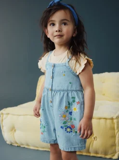 Bleu moyen - Combinaison et t-shirt Denim brodé Fleuri (3mois-7ans)