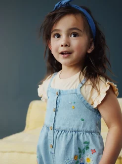 Bleu moyen - Combinaison et t-shirt Denim brodé Fleuri (3mois-7ans)