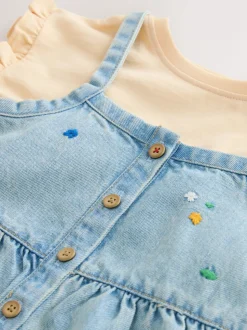 Bleu moyen - Combinaison et t-shirt Denim brodé Fleuri (3mois-7ans)