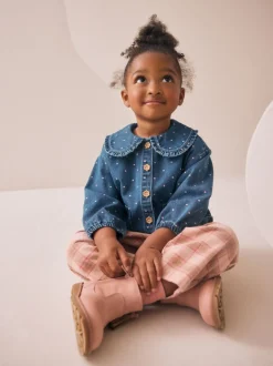 Bleu moyen - Ensemble chemise Denim et Pantalons à Carreaux (3mois-7ans)