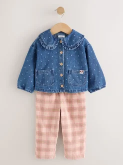 Bleu moyen - Ensemble chemise Denim et Pantalons à Carreaux (3mois-7ans)