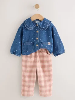Bleu moyen - Ensemble chemise Denim et Pantalons à Carreaux (3mois-7ans)