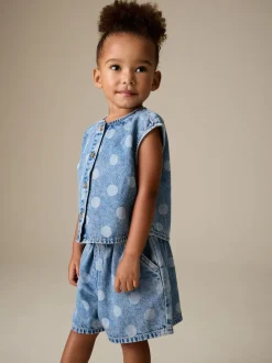 Bleu moyen - Ensemble gilet et Shorts Denim à pois (3mois-7ans)