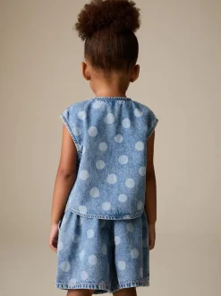 Bleu moyen - Ensemble gilet et Shorts Denim à pois (3mois-7ans)