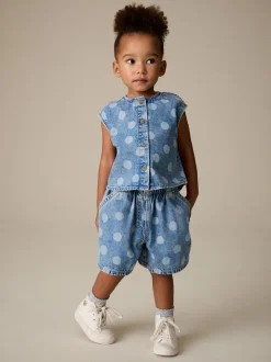 Bleu moyen - Ensemble gilet et Shorts Denim à pois (3mois-7ans)
