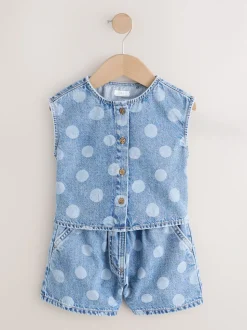 Bleu moyen - Ensemble gilet et Shorts Denim à pois (3mois-7ans)