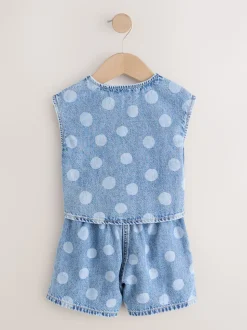 Bleu moyen - Ensemble gilet et Shorts Denim à pois (3mois-7ans)