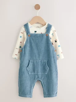 Bleu moyen - Ensemble salopette et body en velours côtelé (0mois-2ans)