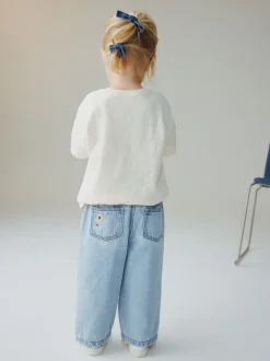 Bleu moyen - Jean brodé fleuri (3mois-7ans)