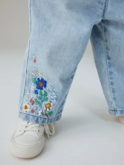 Bleu moyen - Jean brodé fleuri (3mois-7ans)