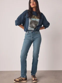 Bleu moyen - Jean extensible ajusté taille milieu