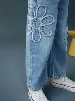 Bleu moyen - Jean Jambe large Fleuri (3-16ans)