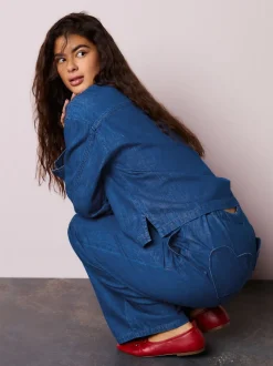 Bleu moyen - Joggings jambe large avec poche cœur