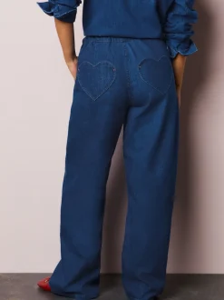 Bleu moyen - Joggings jambe large avec poche cœur