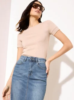 Bleu moyen - Jupe mi-longue Friends Like These en jean fendue sur le devant