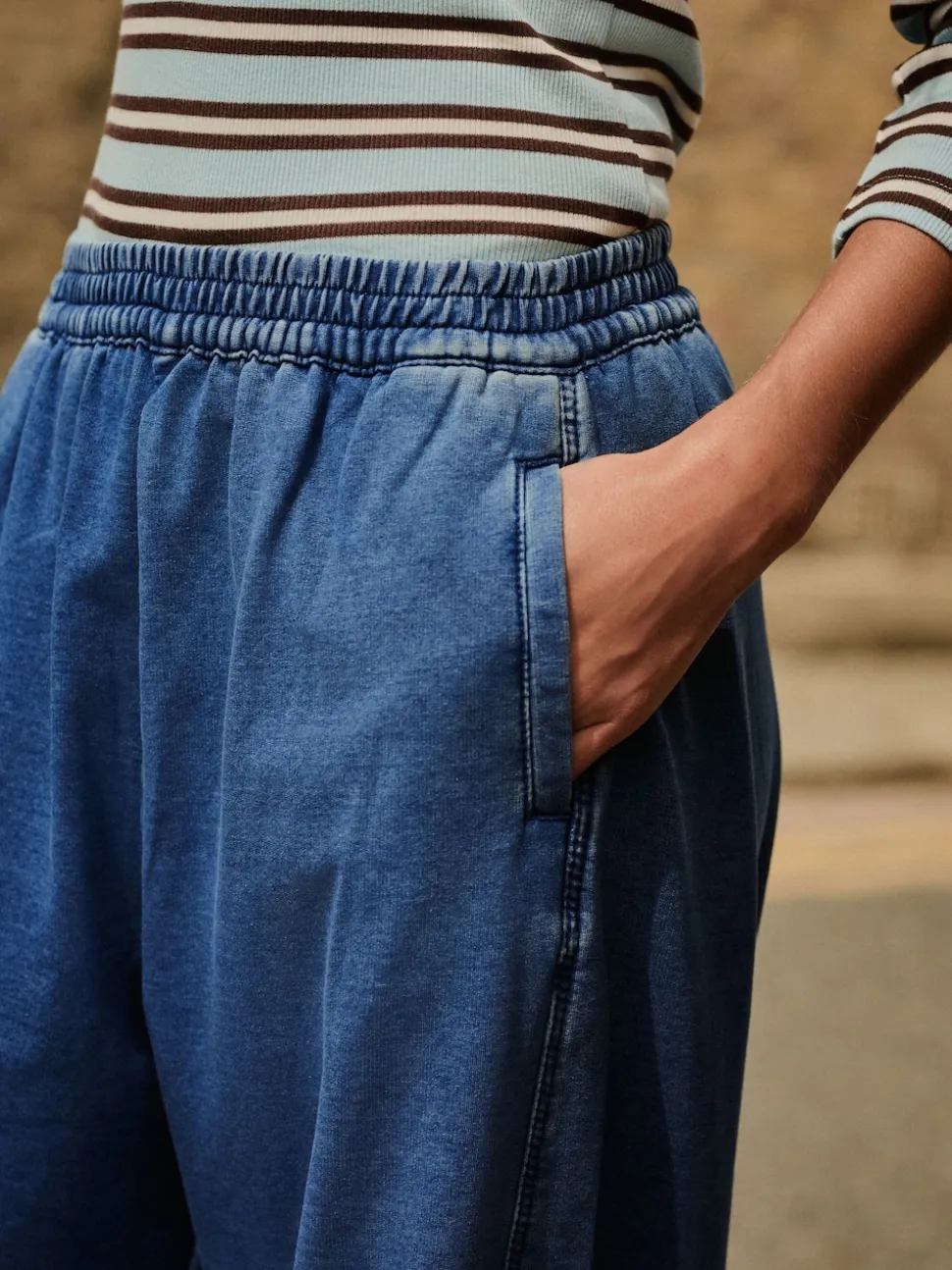 Bleu moyen - Pantalons Coupe ballon en Denim jersey