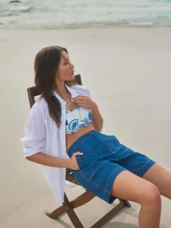 Bleu moyen - Short utilitaire léger en coton 100% Denim